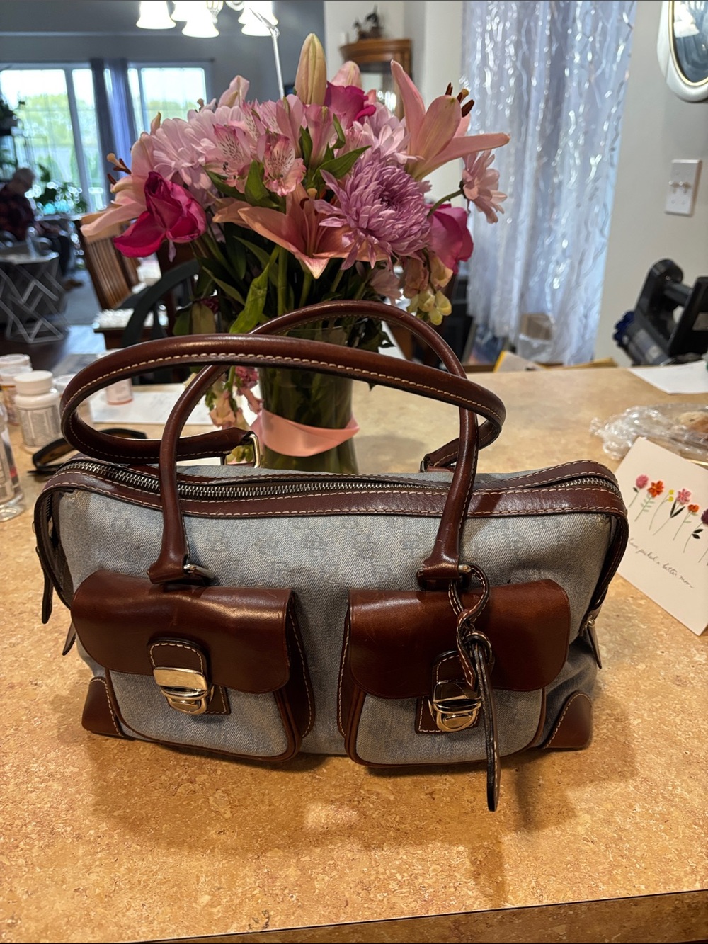 Dooney and Bourke Brown Leather-Trim Canvas Satchel -